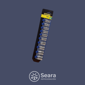 Set de bocallaves de acero cromo vanadio con encastre de 1/2 pulgada y 10 medidas milimétricas.
